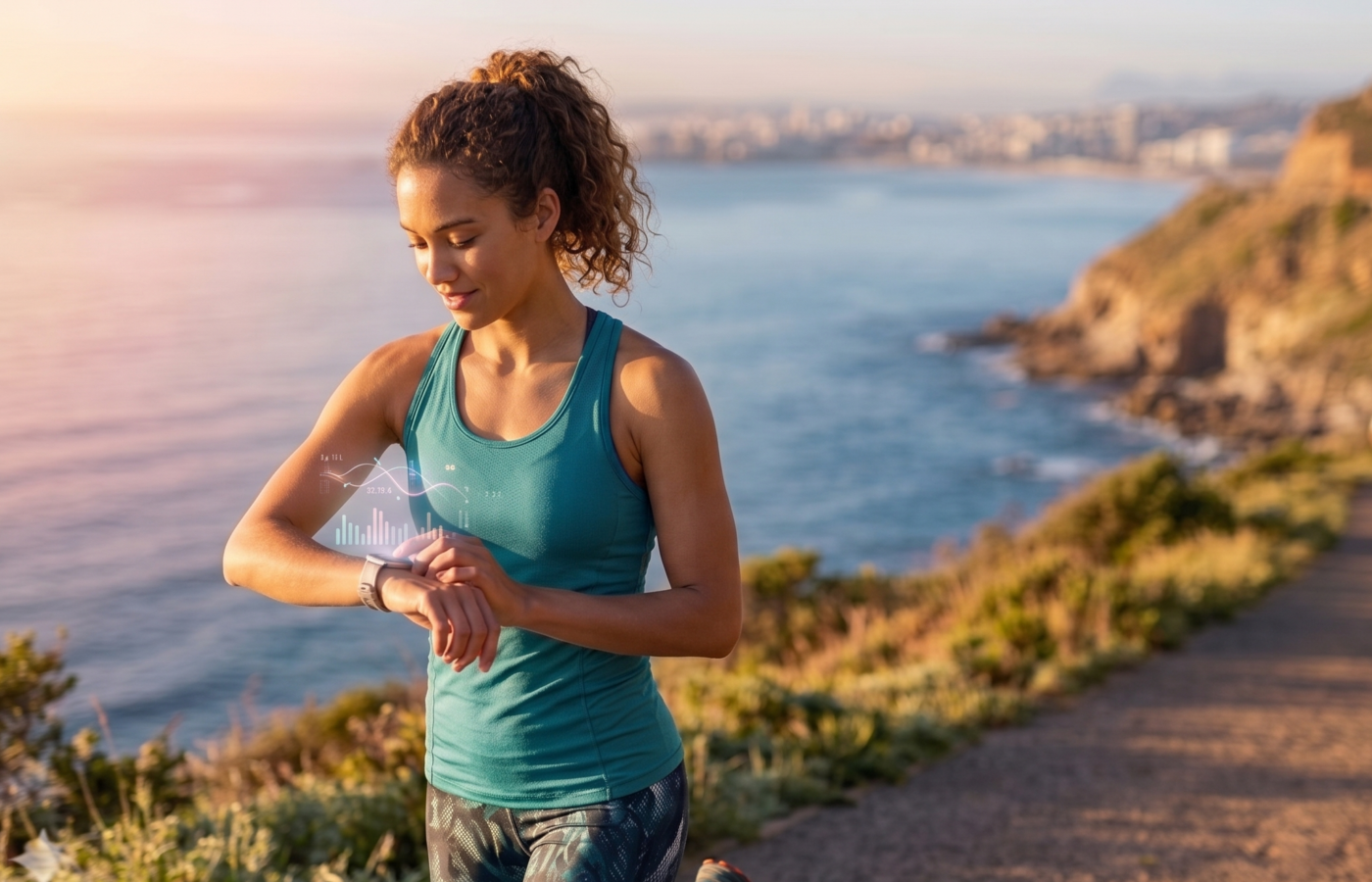 eine frau laufend am stand schaut auf ihre smartwatch