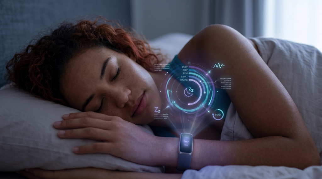 frau schlafend ihren schlaf mit einer smartwatch trackend