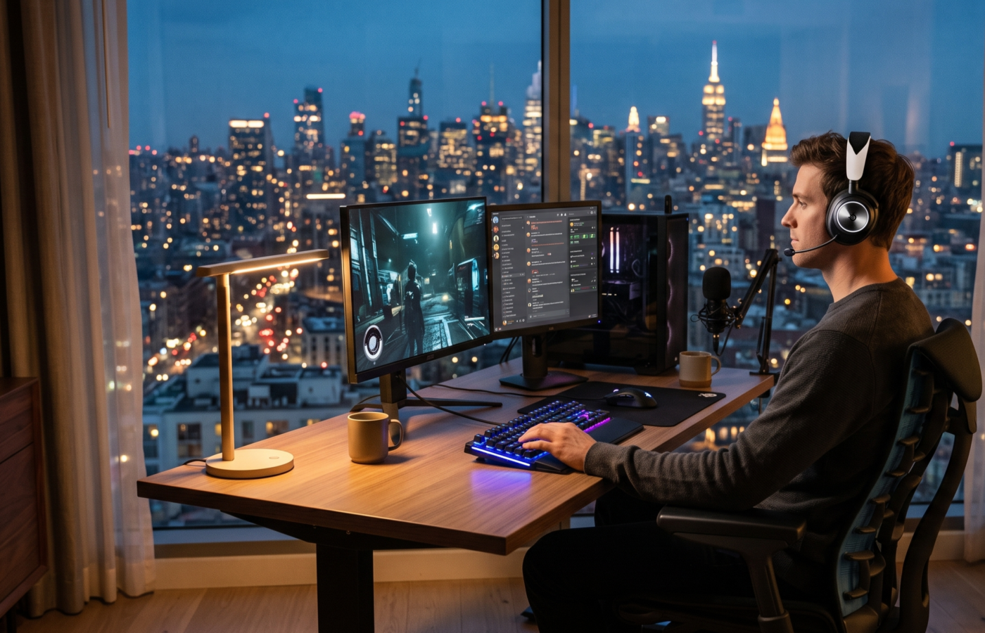 KI generiertes bild von einem mann mit kopfhöhrern an einem pc sitzend