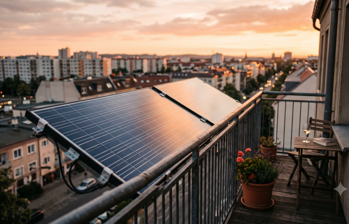 zwei solarpaneele auf einem balkongeländer