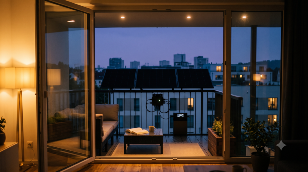 blick vom inneren der wohnung nach aussen auf das solarpaneel