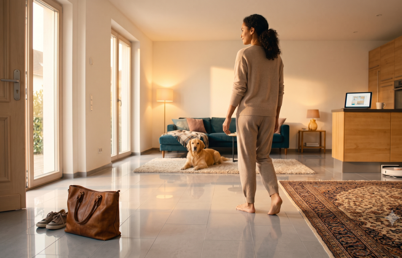 frau mit tasche und hund in wohnung