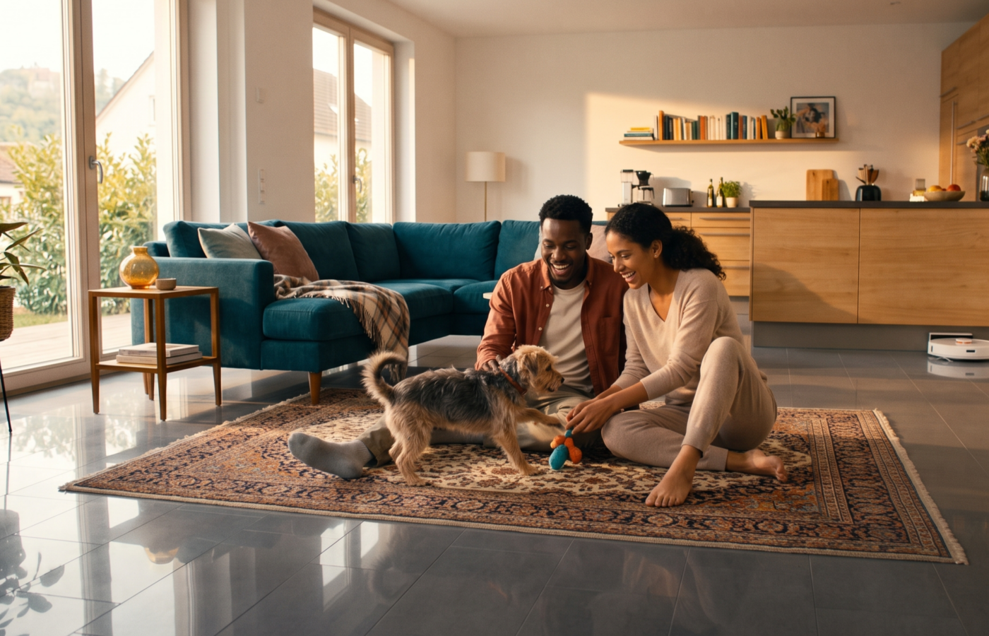 junges paar auf dem teppichboden mit hund