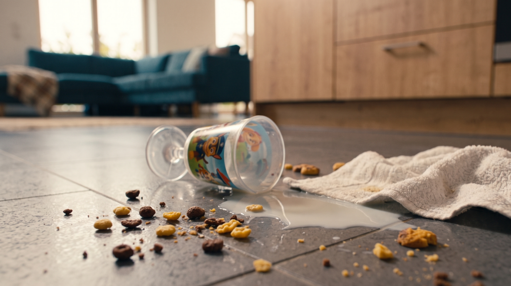 umgefallener becher auf dem küchenboden